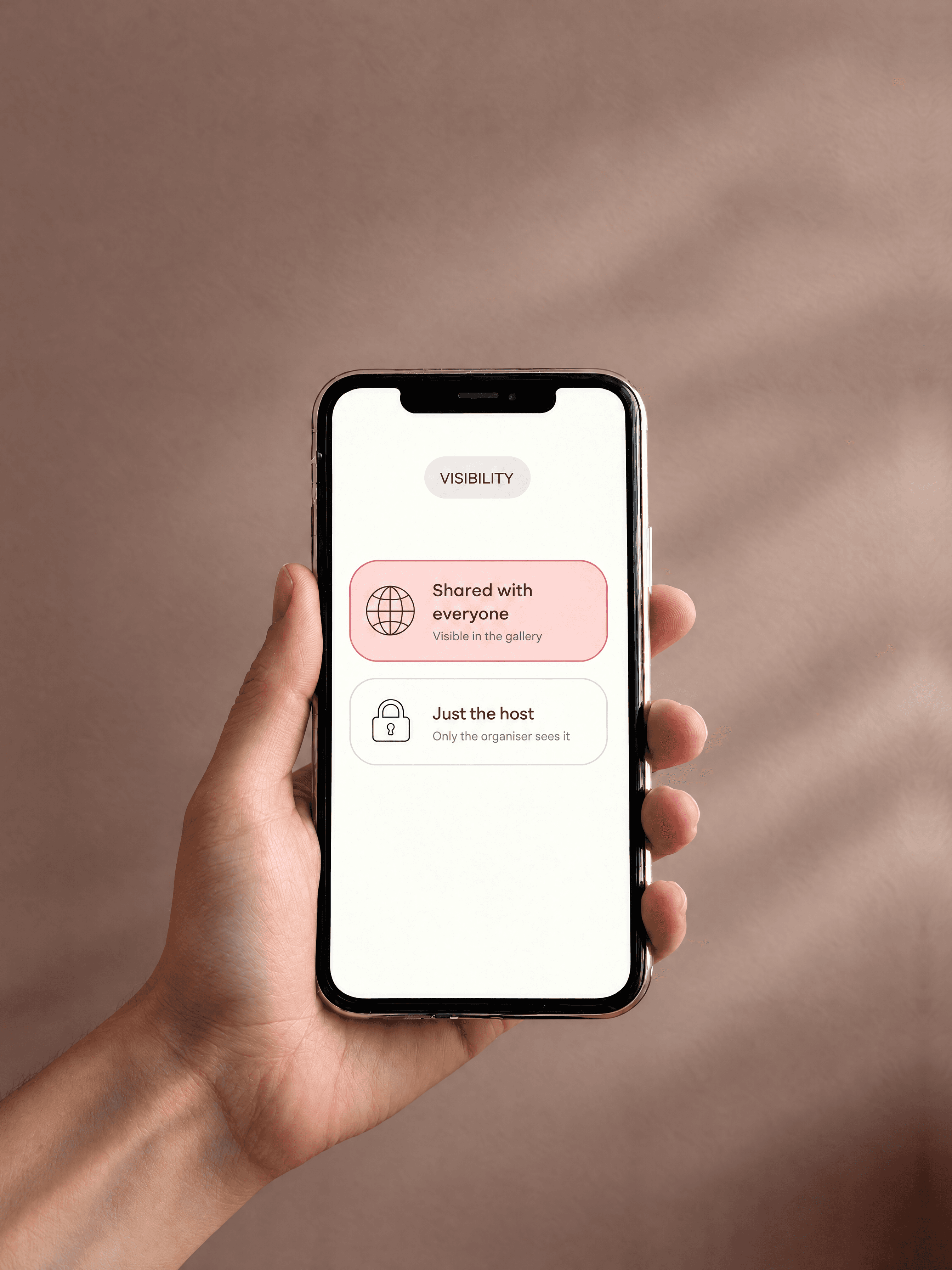 A hand holding a phone showing the public or private choice